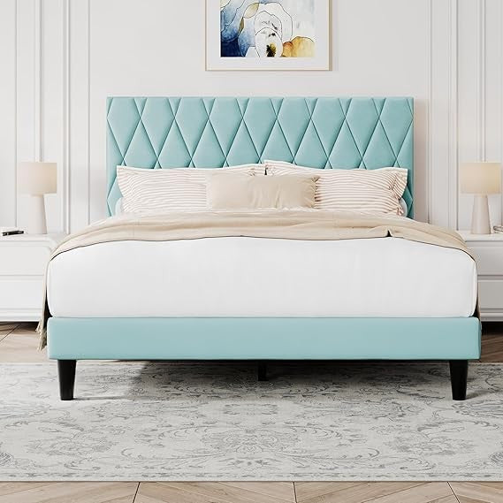 King Platform Bed Frame with Storage Space, Fabric Upholstered Headboard, Fully Upholstered Mattress Foundation, No Box Spring N