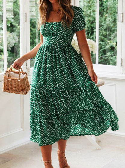 Vestidos Vintage Vintage Print Puff Sleeve summer Beach sweet dresses Casual Squ