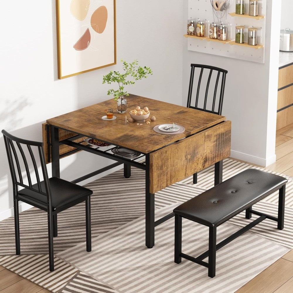 4-Piece Faux Wood Drop Leaf Dining Table with Storage Rack, Space Saving Breakfast Nook Table Set with 2 Backrest Chairs