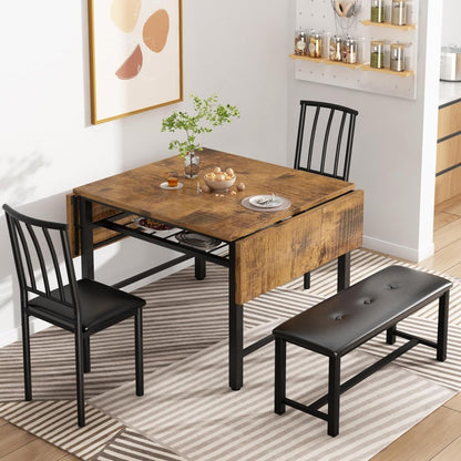 4-Piece Faux Wood Drop Leaf Dining Table with Storage Rack, Space Saving Breakfast Nook Table Set with 2 Backrest Chairs