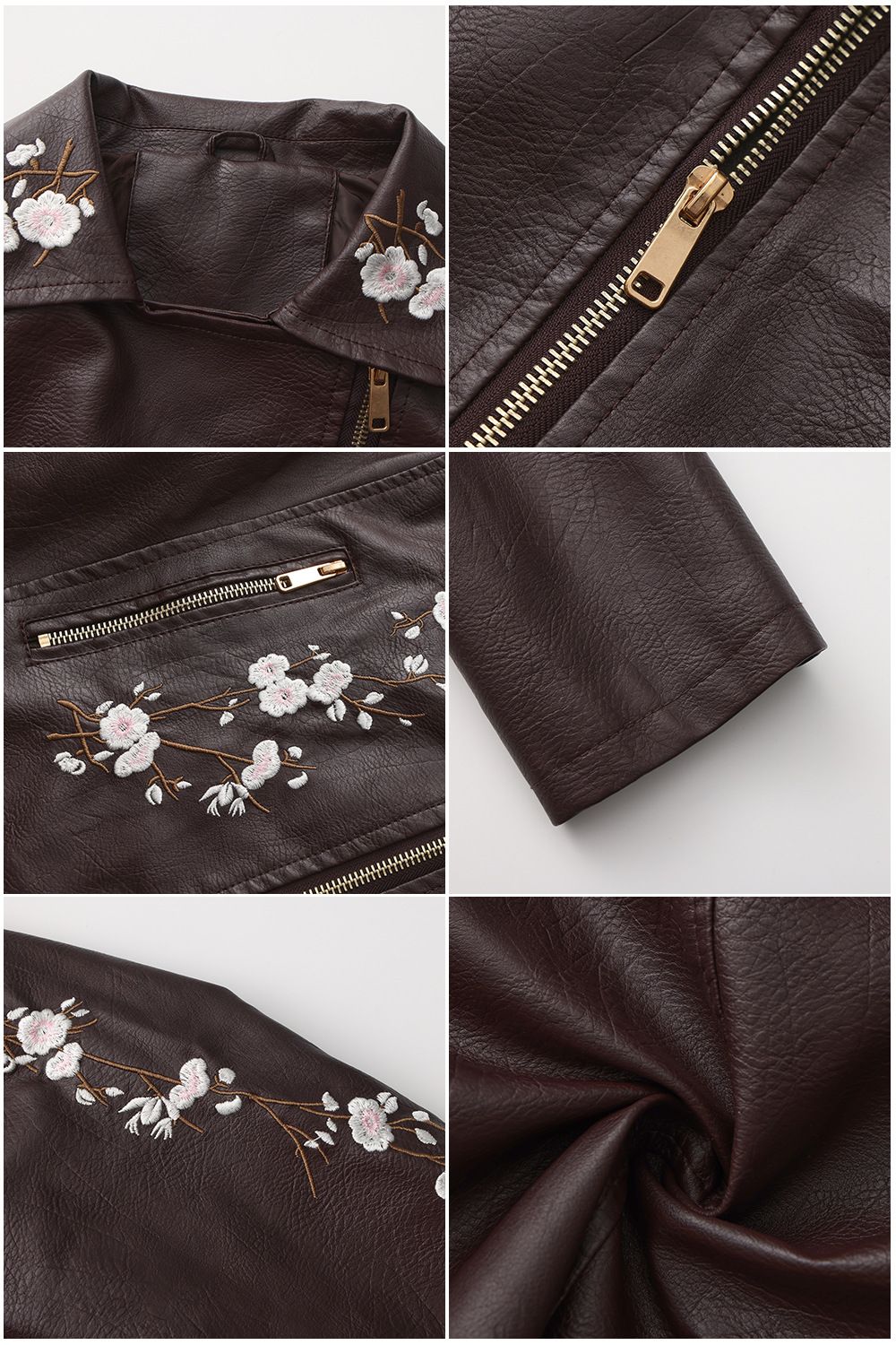 New Fall Women's Black Embroidered PU Jacket, Street-Style Brown Faux Leather Coat, Fashionable Beige Long Sleeves Top.