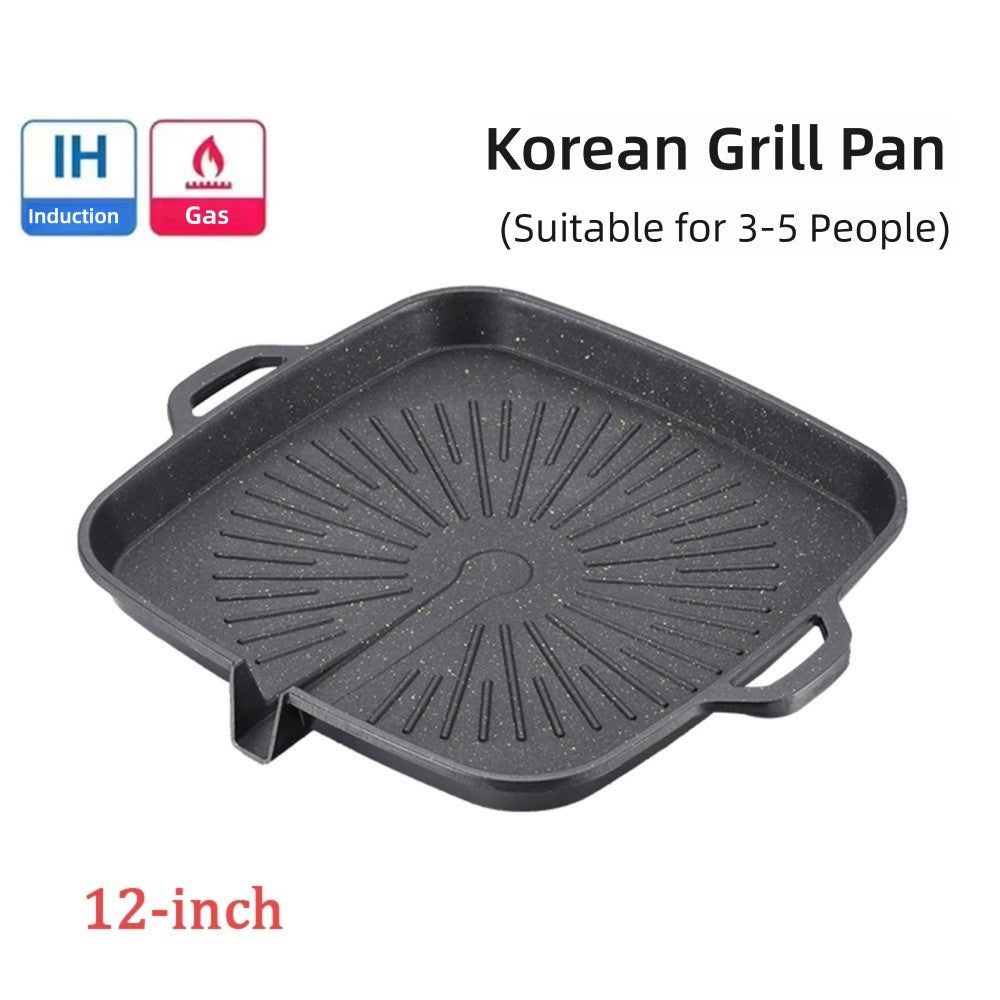 KOSUN Non-stick Barbecue Pan Stone Coated Cast Aluminum Korean Grill Pan Guipan Pot with Pour Mouth for Gas and Induction Stove