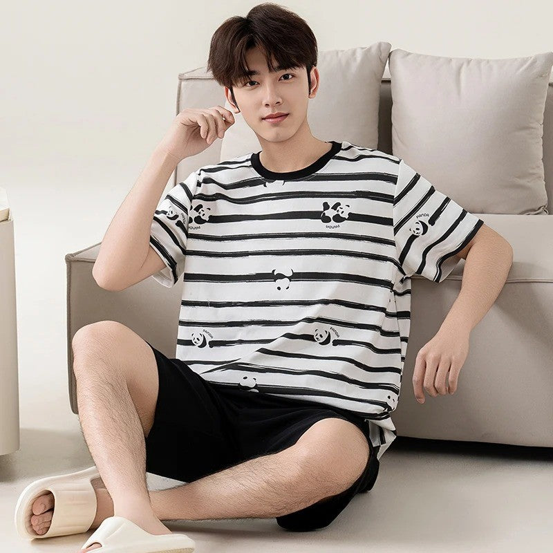 Cotton Summer Thin Men's Pajamas Set Plus Size Short Sleep Tops Pant Sleepwear Suit Male Home Suit Homewear Casual Pyjamas