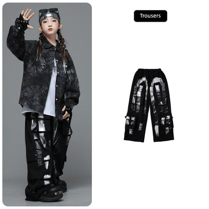 Roupas Infantis Hip Hop Casaco Brilhante Preto Top Calças Jogger Pretas de Rua para Meninas Meninos Fantasia de Dança Jazz Roupas