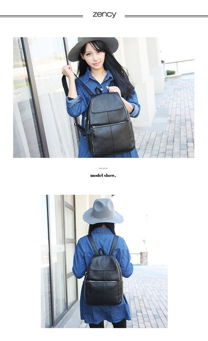 Zency Mochila Feminina Elegante Preta Branca Couro Genuíno Qualidade A++ Antifurto Grande Capacidade Mochila de Viagem Designer