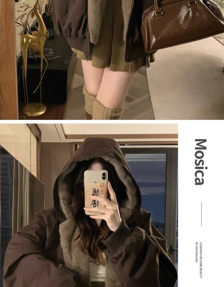 American Retro Reversible Velvet Zipper Hooded Jacket Women Winter Fashion Street Thick Loose Warm Harajuku Casual Plush Jacket