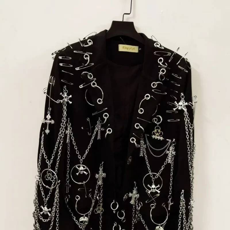 WVGA Spring Autumn New Men Y2K Dark Techwear Gothic Chain Design Blazer Punk Rock Heavy Beaded Niche Chic Casual Suit-Coat W8497