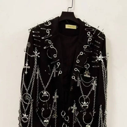 WVGA Spring Autumn New Men Y2K Dark Techwear Gothic Chain Design Blazer Punk Rock Heavy Beaded Niche Chic Casual Suit-Coat W8497