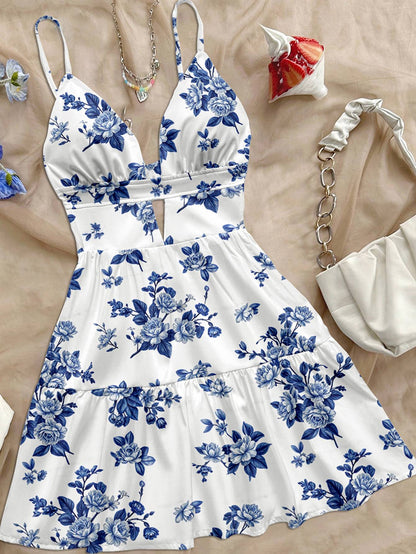 women's spring/summer new brand special sale beach tropical vacation outfits ethnic style blue flower print slim fit short dress