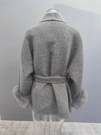 UCXQ Casaco Feminino Elegante OL para Escritório com Retalhos de Pelo Manga Comprida Lã Jaqueta de Roupa Feminina Bonita Outono Inverno 2025