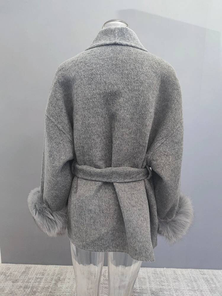 UCXQ Casaco Feminino Elegante OL para Escritório com Retalhos de Pelo Manga Comprida Lã Jaqueta de Roupa Feminina Bonita Outono Inverno 2025