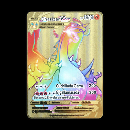 Pokémon 183200 Pontos Alto HP Cartas de Metal Douradas Pretas Inglês Francês Vmax Mega GX Coleção de Cards Charizard Pikachu Mewtwo