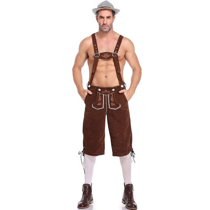 Germany Oktoberfest Costumes Adult Men Traditional Bavarian Beer Shorts Outfit Overalls Shirt Hat Suspenders Set Halloween Cloth