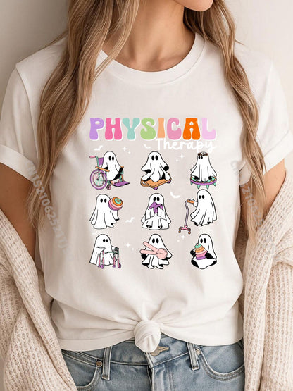 Ghost Physical Therapy Physical Therapist Halloween Groovy XS Graphic T Shirts Shirts For Woman Vintage