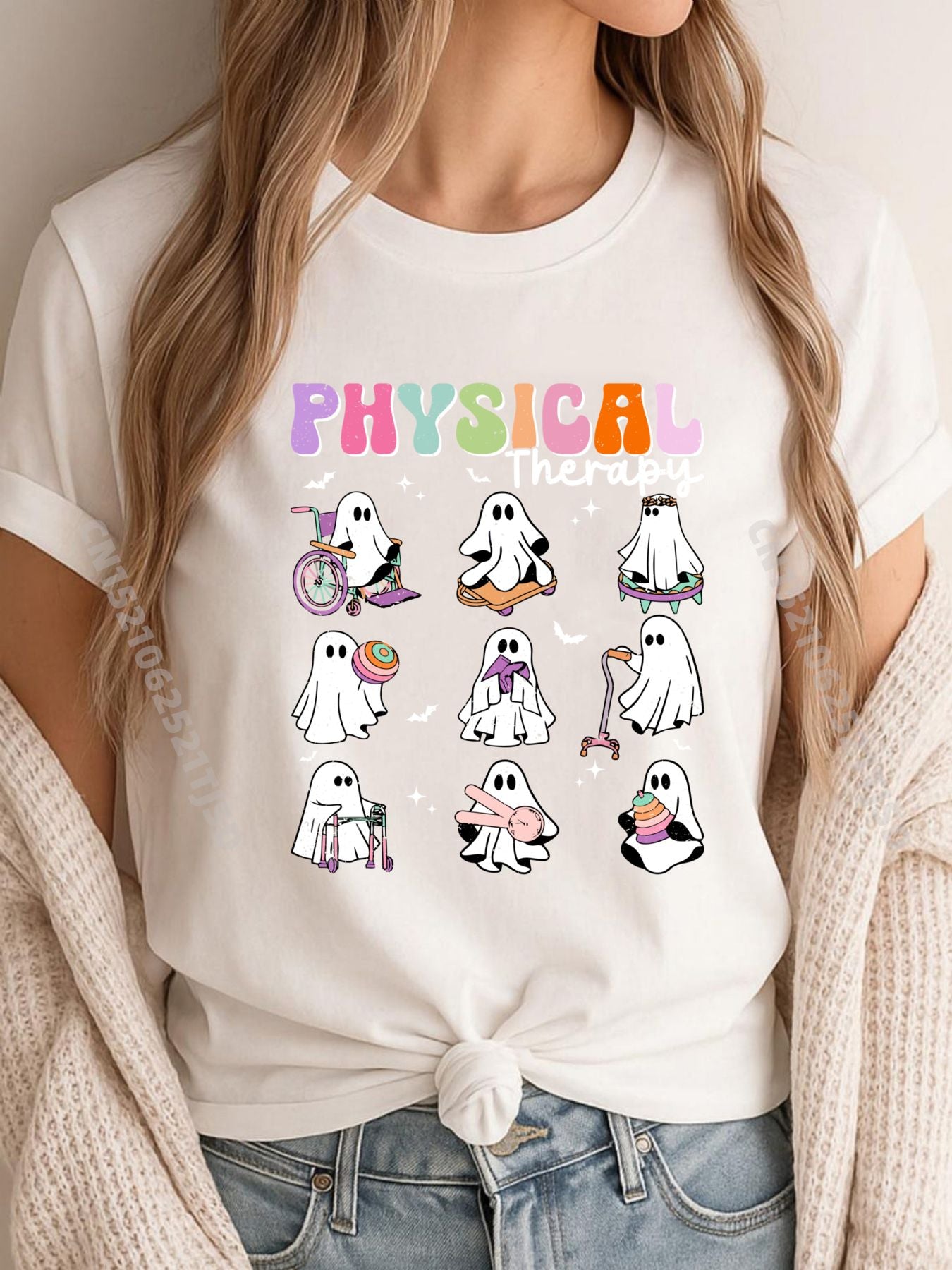 Ghost Physical Therapy Physical Therapist Halloween Groovy XS Graphic T Shirts Shirts For Woman Vintage