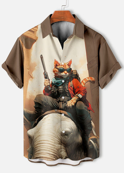 Men's Retro Cartoon Anime Cat Theme Short Sleeve Shirts Short Sleeve Tops Fashion Casual Vacation Streetwear Summer Men's Shirts