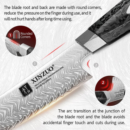 XINZUO 8.46-inch Damascus Carving Knife 145-layer M390 steel 60-62HRC carbon fiber handle 6.0-8.0N sharpness rust-resistant