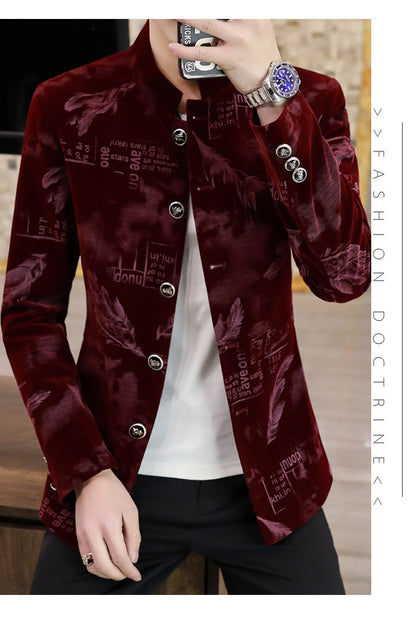 Luxury Retro Velvet Suit Jacket for Men Fashion Slim Fit Stand Collar Blazer Masculino Casual Business Wedding Dress Coat