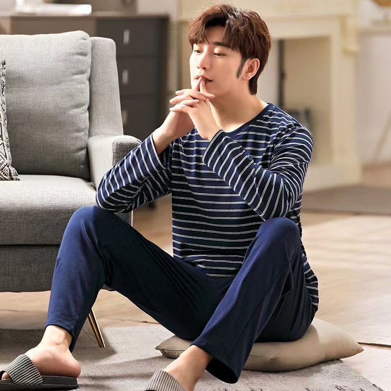 2Pcs/set men's pajamas set of large size long-sleeved long trousers autumn and winter students home clothing round neck autumn m