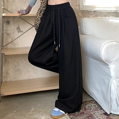 2024 Autumn Women Hip Hop Style Baggy High Waisted Long Pants Lady Versatile Streetwear Solid Color Drawstring Wide Leg Trousers