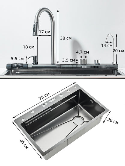 304 Stainless Steel Kitchen Sink Double Waterfall Single Slot Integrated Digital Display Faucet Set Soap dispenser Cup Washer