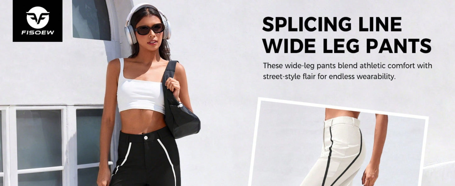 Fisoew Womens Casual Track Pants Straight Leg Trousers Splicing Line Wide Leg Pants Athletic Workout Sweatpants