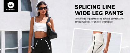 Fisoew Womens Casual Track Pants Straight Leg Trousers Splicing Line Wide Leg Pants Athletic Workout Sweatpants