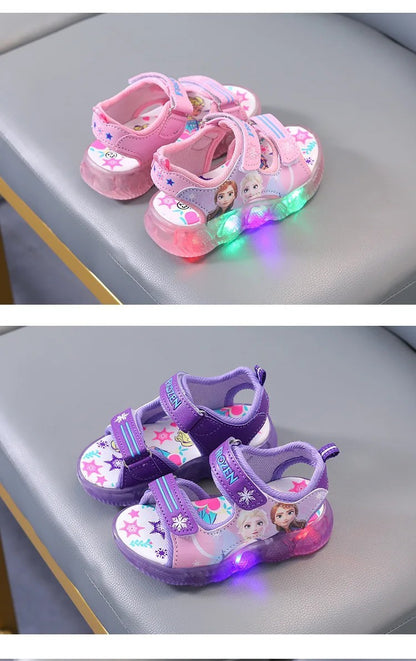 Disney Boys Girls Frozen Elsa Princess Led Light Up Luminous Sports Sandals Summer Kids Sandals Non-slip Toddler Shoes