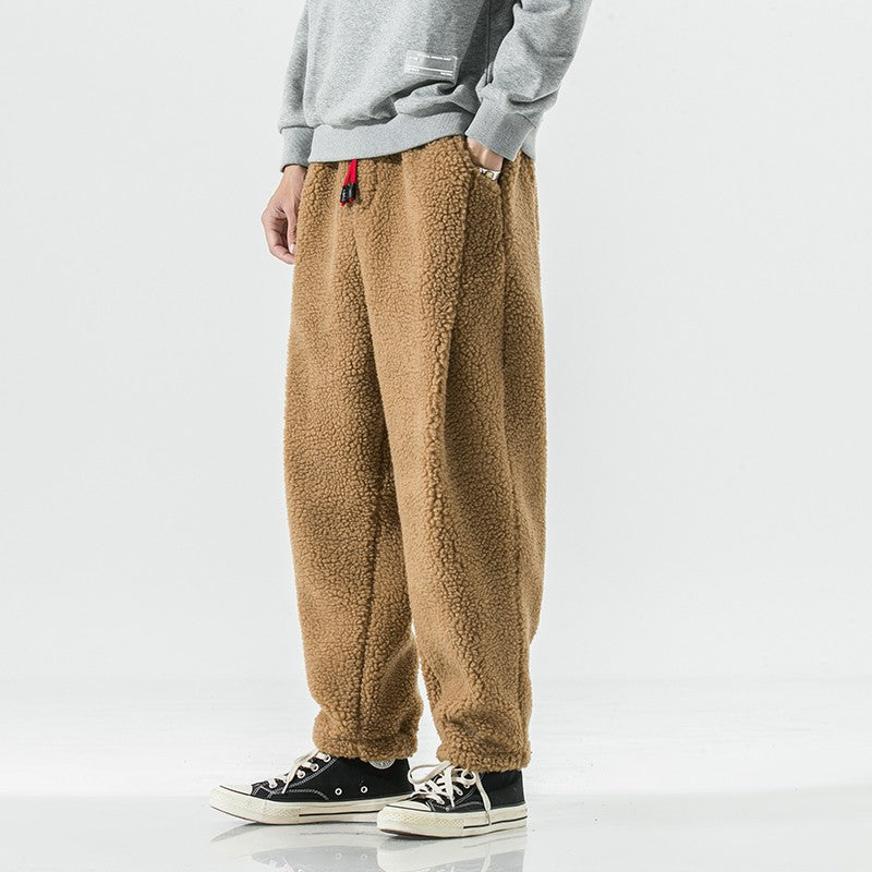Winter Men's Lamb Wool Casual Pants Fleece Warm Elastic Waist Sweatpants Solid Thick Harem Pants Male Vintage Joggers Trousers