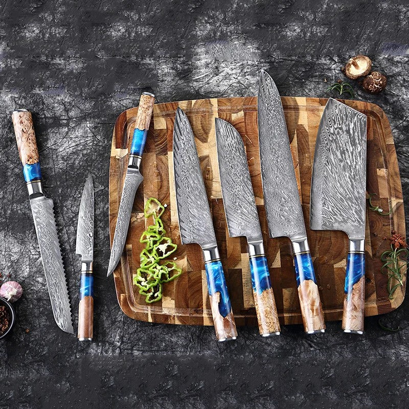 XITUO Kitchen Knives Set Damascus Steel VG10 Chef Knife Cleaver Paring Bread Knife Blue Resin Stabilised Wood Handle 1-7PCS set