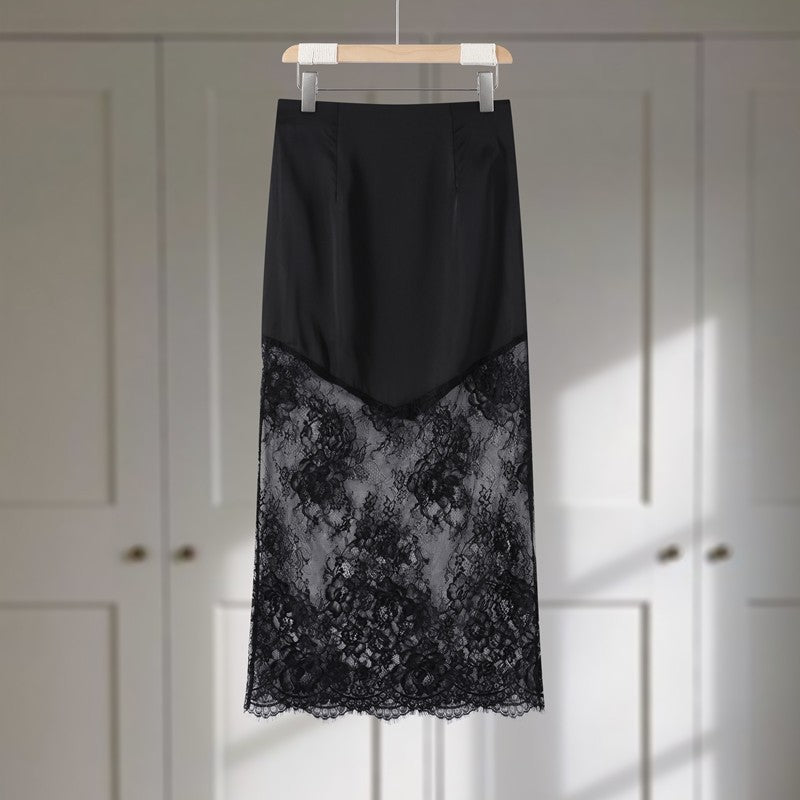 Satin Skirts Women Loose High Waist Patchwork Lace See Through Skirt Female 2025 Chic Solid Sexy Elegant Streetwears