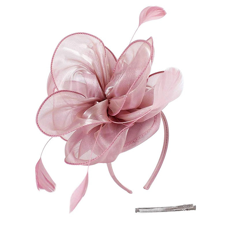 Novo Chapéu Fascinator de Organza Feminino com Flor de Pena Kentucky Derby Cocar Chapéu Pillbox para Casamento Chá da Tarde Acessórios de Cabelo com Clipe