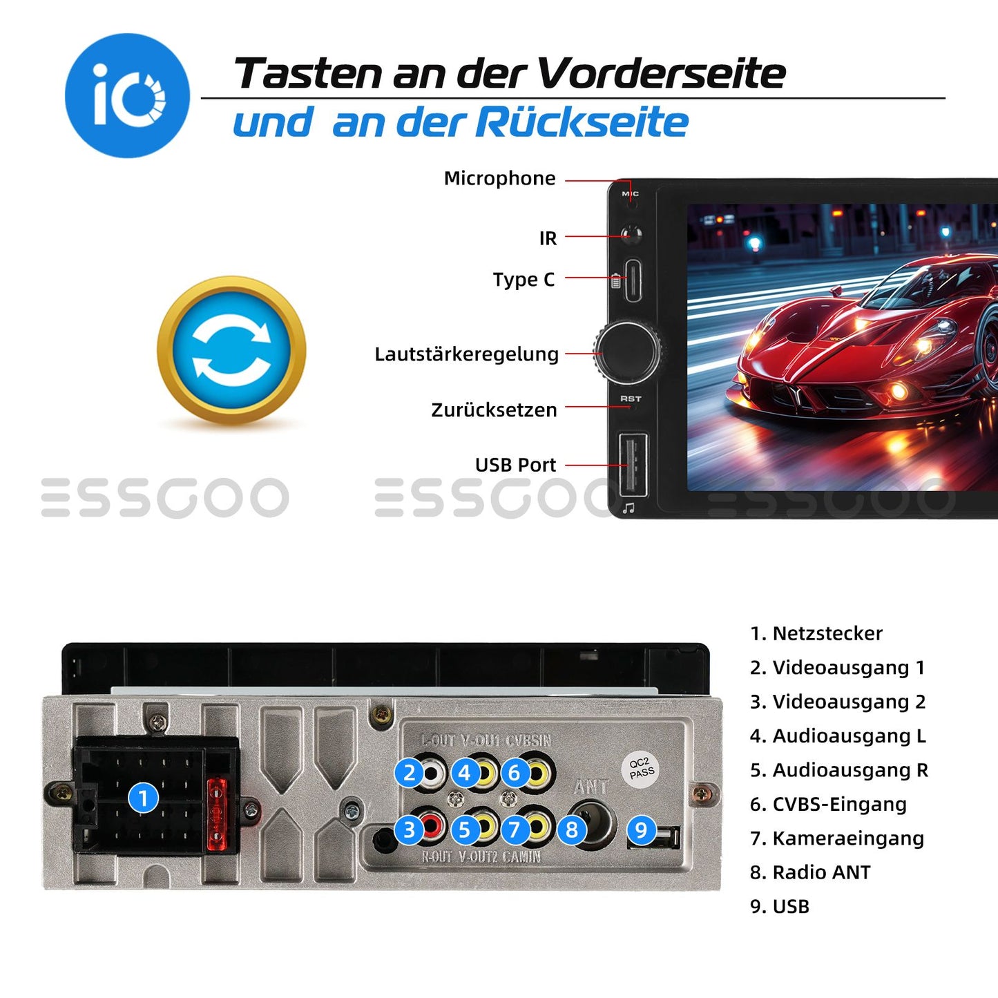 ESSGOO 1Din IPS 6.86 Inch Wireless Carplay Android Auto Car Radio Multimedia Video MP5 Player Touch Screen Universal Stere