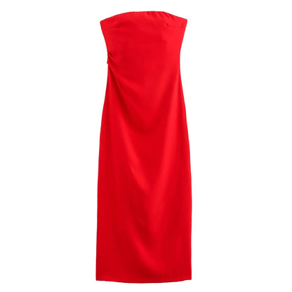 TRZA Women Fashion Strapless Gathered Midi Dress Sexy Straight Neck Back Slit Fe