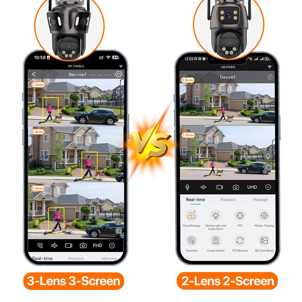 Câmera IP WIFI de Três Telas Externa 4K Lente Dupla Câmera PTZ Detecção Humana por IA Câmera de Segurança de Vídeo CCTV IP66 à Prova D'água iCsee