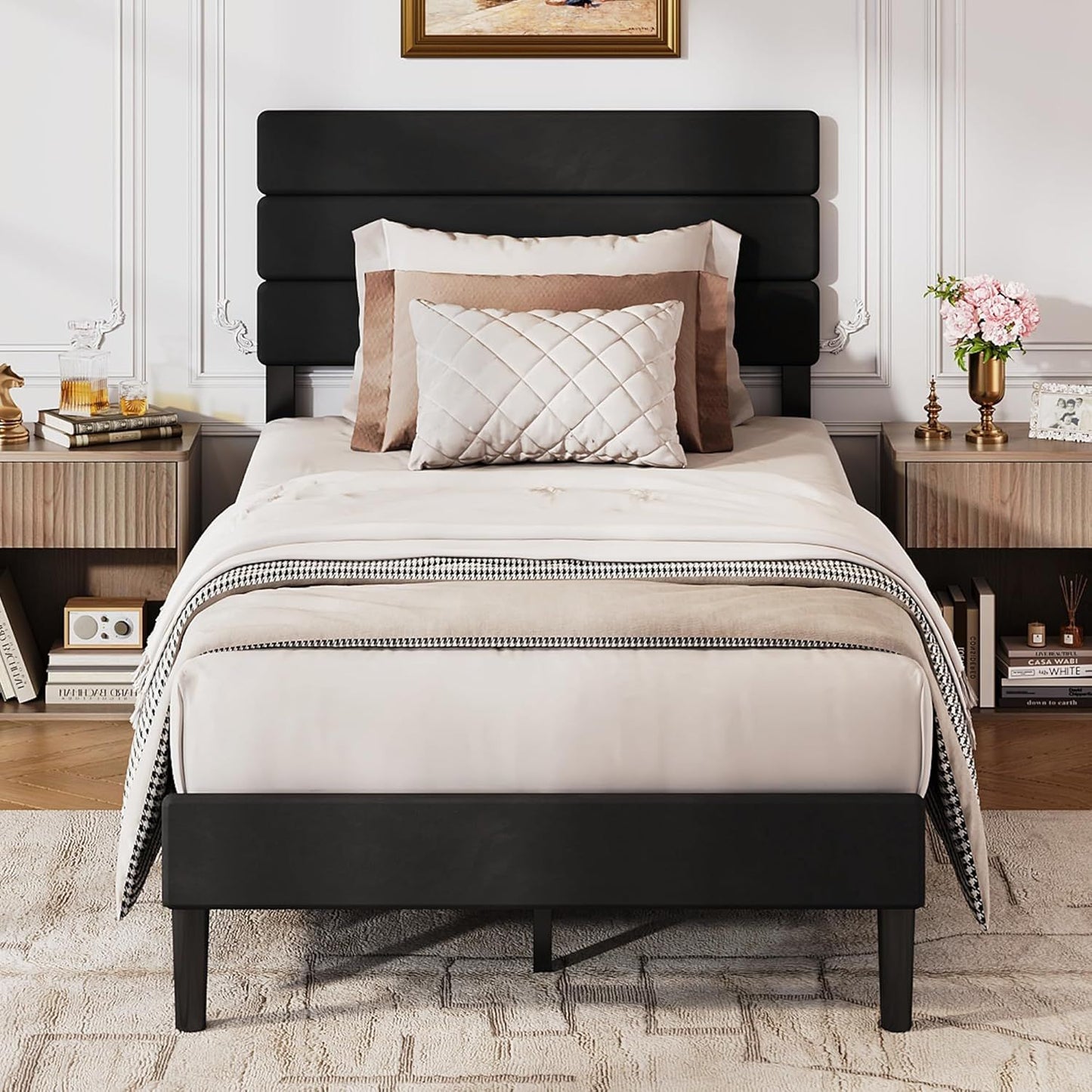 Base de Cama Estofada Solteiro, Cabeceira Acolchoada em Veludo, Estrutura Robusta de Metal e Madeira, Não Requer Box Spring,