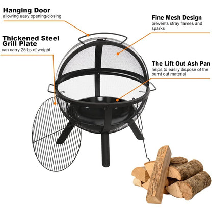 Ikuby Ball of Fire Pit fire Ball with BBQ Grill fire Globe Pit Large Round Pit,Patio Fireplace for Camping, Heatin