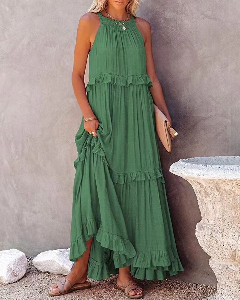 Elegant Women's Apricot Ruffle Edge Long Mop Floor Dresses Summer Fashion Hangin