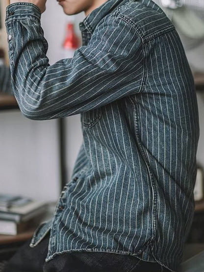 Streetwear Men's Denim Shirts Casual Long Sleeve Buttoned Lapel Striped Blouse Shirt for Men Spring Casual Cargo Shirt Tops
