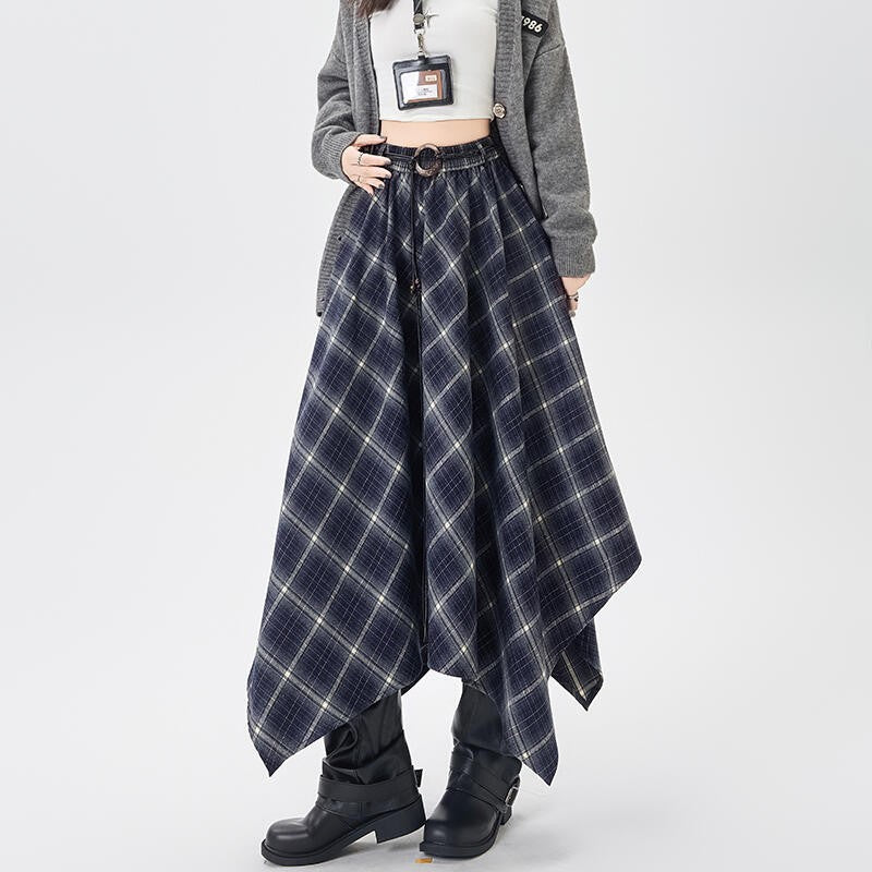 Women Skirt Plaid High Waisted Elastic A Line Mid Length Korean Style Fashion Retro Versatile Irregular Autumn Skirt