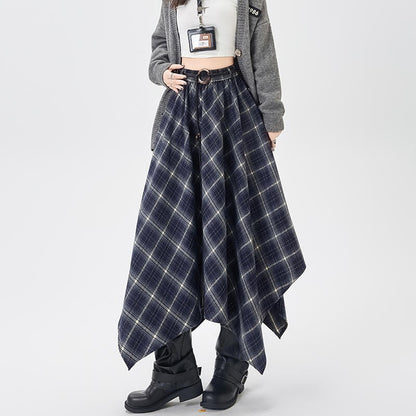 Women Skirt Plaid High Waisted Elastic A Line Mid Length Korean Style Fashion Retro Versatile Irregular Autumn Skirt