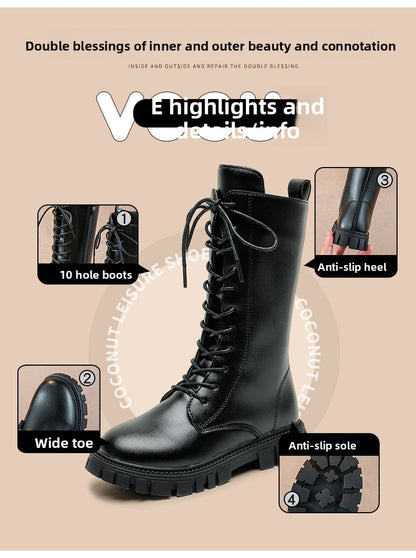 2025 Autumn/Winter  Fashion Cool Baby Girls Warm Square Heel Round Toe Casual Lace-Up Comfortable Kids Black Mid Boots