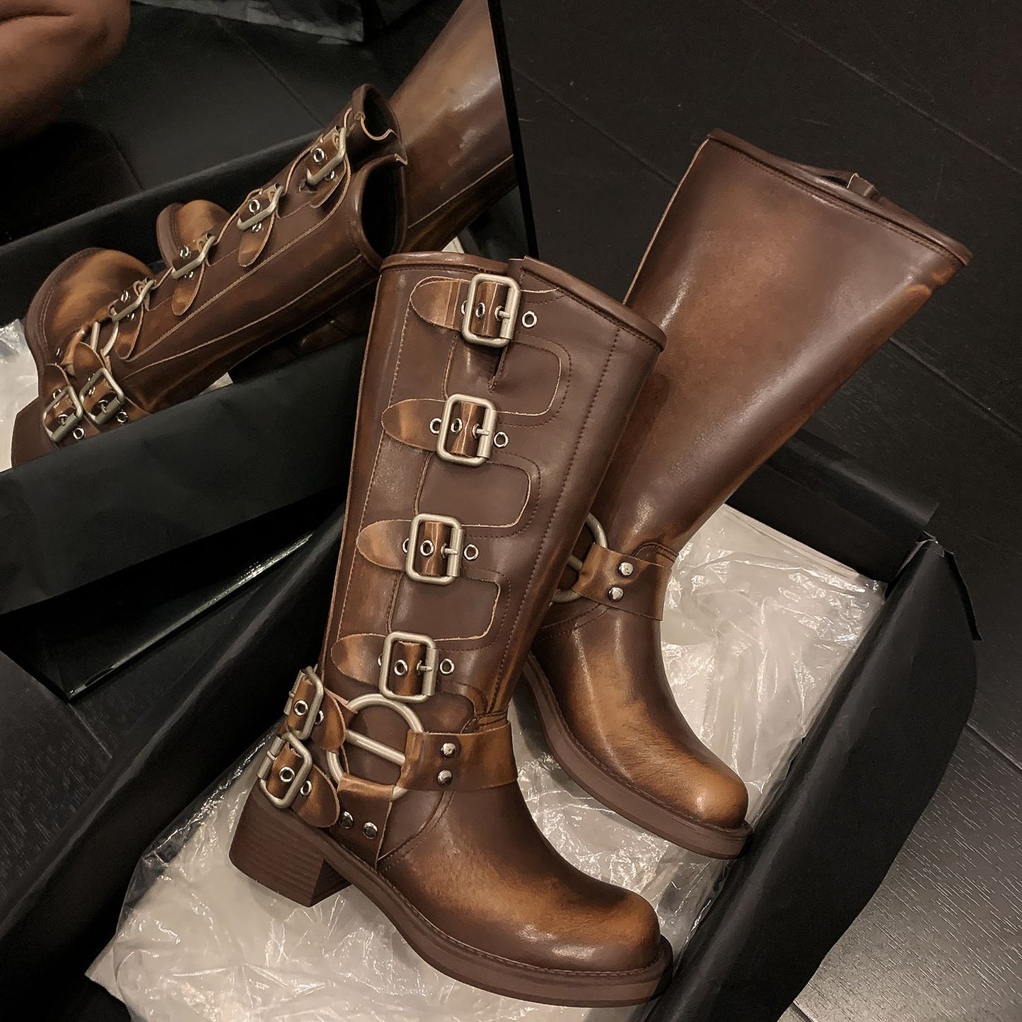 Arden Furtado 2025 Genuine Leather Platform Rivet Motorcycle boots Round toe Belt buckle Block heel mid wide calf Western boots