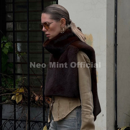 Neo Mint 2025 Brand Fashion Faux Fur Sable Vest Crop Top Autumn Winter Turtleneck Eco Mink Fur Tank Tops Sleeveless Jacket Coat