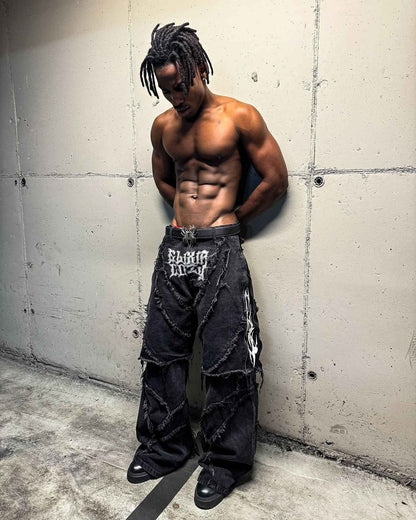 Elixir X Cozy Detachable Jeans Retro Punk Streetwear Ziipper Patchwork Stripe Denim Pants Men Black Baggy Hip Hop Splicing Jeans