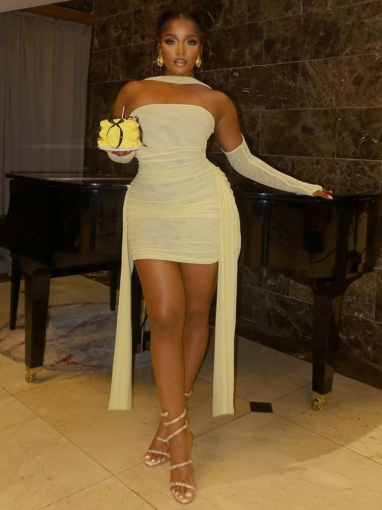 Nibber Summer Vacation Sexy See Through Dress+Shawl Women Ruched Side Ribbon Coquette Skinny Midnight Clubwear Party Bodycon