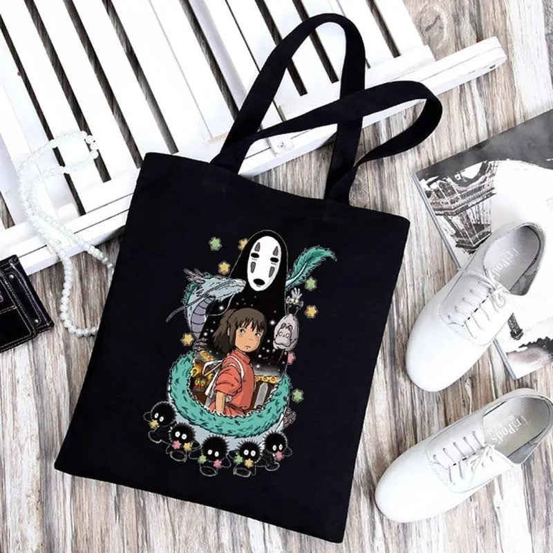 Sacola de Ombro Dobrável em Lona Preta Studio Ghibli, Leve, Grande, Reutilizável, Ecológica para Uso Casual