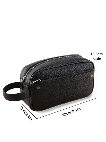 ??Men's Textured PU Leather Organizer Bag - Dual Zipper Hand Carry w/ Detachable Strap, Fits Phone & Essentials
