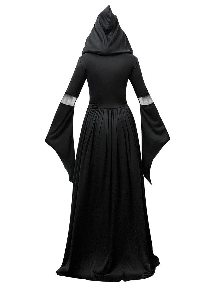 Halloween Witch Dress Gothic Vintage Dark-Style Hooded Vampire Dresses Bell Sleeves Full Skirt Waist Cinched Festival Party Gown