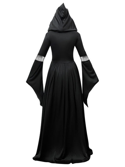 Halloween Witch Dress Gothic Vintage Dark-Style Hooded Vampire Dresses Bell Sleeves Full Skirt Waist Cinched Festival Party Gown